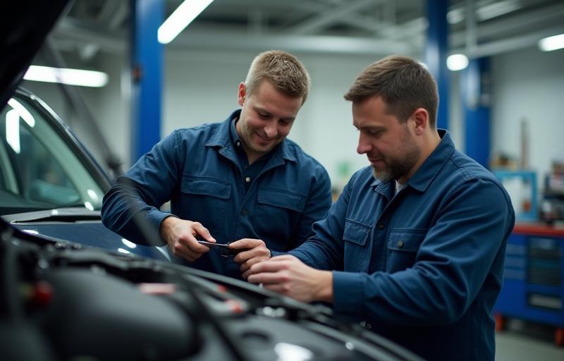 Skilled technicians working together in a clean automotive repair shop