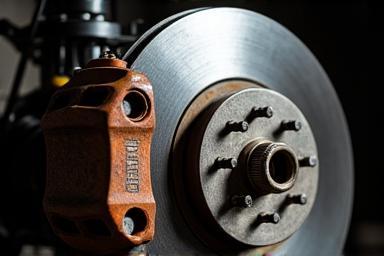 Close up of a brake caliper and rotor on a car