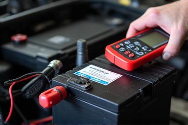 Mechanic testing a car battery with a multimeter