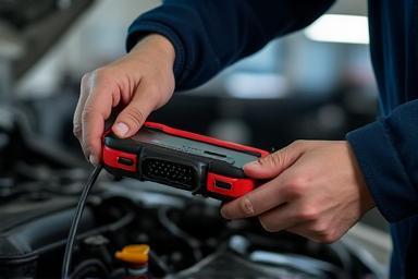 Mechanic connecting a diagnostic tool to a car engine