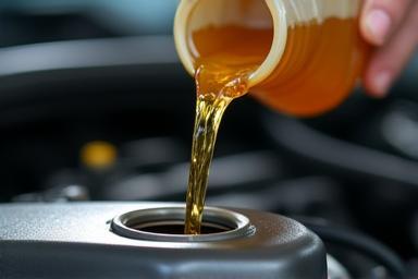 Engine oil being poured into a car engine